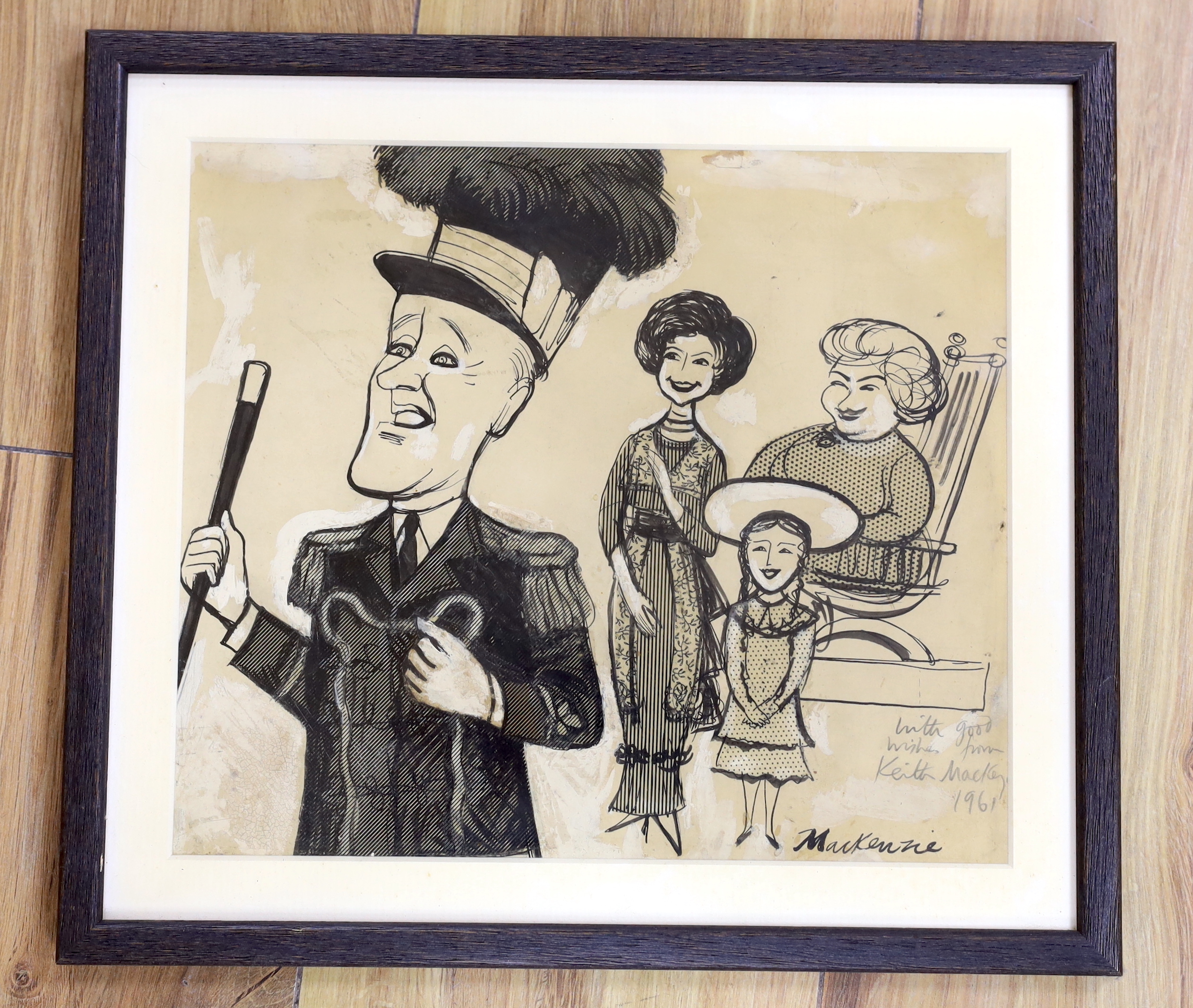 Keith Mackenzie, heightened monochrome illustration, 'Four figures', signed and inscribed 'With good wishes from Keith Mackenzie 1961', 25 x 22cm